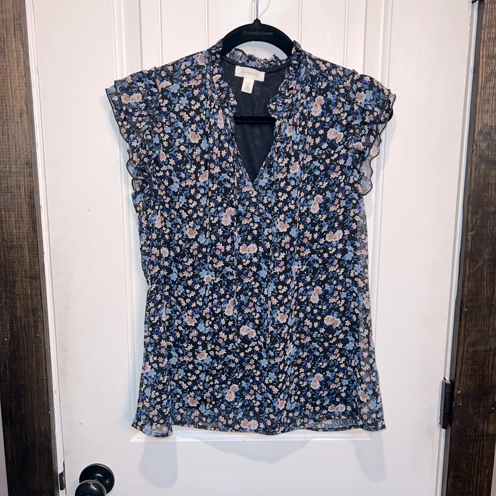 Black, Blue and Pink Floral Print Sleeveless Women's Top